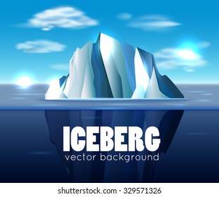 Polar landscape with icebergs and blue sky with clouds. Vector illustration.