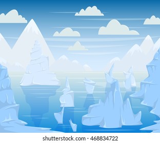 Polar landscape with mountains and icebergs. Vector illustration