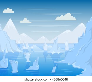 Polar landscape with mountains and icebergs. Vector illustration