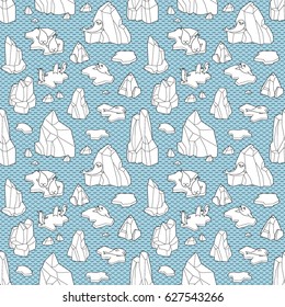 Polar life illustration. Vector Seamless pattern with iceberg, seals, penguins and ice floes.