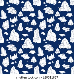 Polar life illustration. Vector Seamless pattern with iceberg, seals, penguins and ice floes.