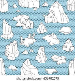 Polar life illustration. Vector Seamless pattern with iceberg, seals, penguins and ice floes.