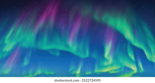 Polar lights, aurora borealis, starry sky, northern landscapes, vector illustration