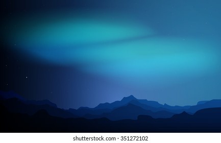 Polar lights and stars over landscape at night