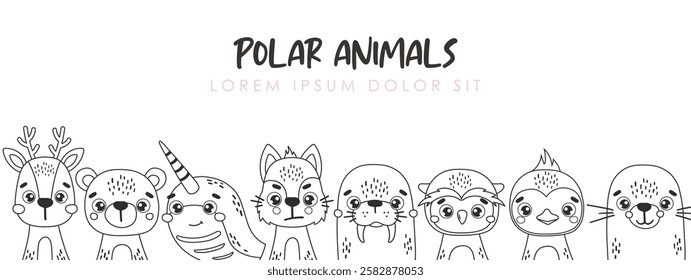 Polar line animals set isolated, outline cute arctic animals, kids vector cartoon, coloring