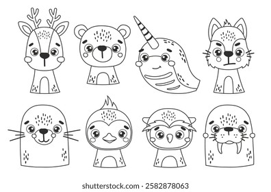 Polar line animals set isolated, outline cute arctic animals, kids vector cartoon, coloring