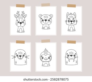 Polar line animals set isolated, posters, cute arctic animals, kids vector cartoon