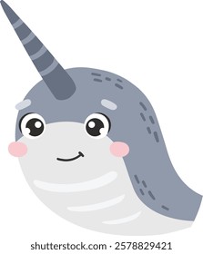 Polar narwhal animal isolated, cute arctic animal, kids illustration, cartoon vector