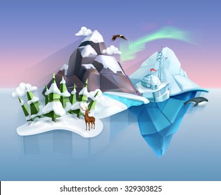 Polar nature, winter wonderland, low poly style landscape, vector infographic