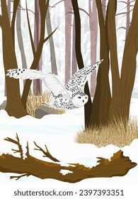 A polar owl flies through the winter forest. Realistic vector vertical landscape