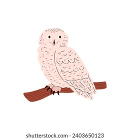 Polar owl, Northern bird with white plumage sitting on a branch. Wild animal of the tundra and taiga. Cartoon Snowy owl Arctic bird vector illustration isolated on white background