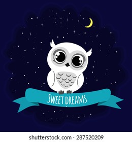 Polar owl sits on ribbon with inscription "sweet dreams" at night with stars, clouds and moon. Vector illustration. Eps10.