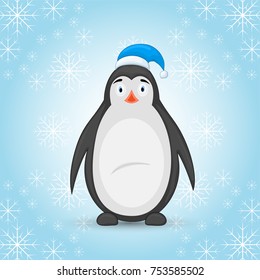 polar penguin in a cap of Santa Claus on a blue winter background with snowflakes. postcard for the new year and Christmas. Isolated objects on white background. Template for text and congratulations