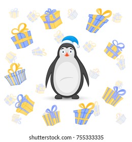 polar penguin in a cap of Santa Claus on the background of different gifts with bows. postcard for new year and Christmas. Isolated objects on white background. Template for text and congratulations