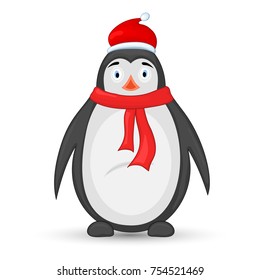 polar penguin in a scarf and hat of Santa Claus. postcard for the new year and Christmas. Isolated objects on white background. Template for text and congratulations