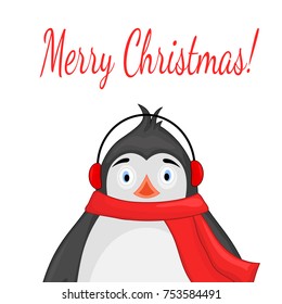 polar penguin in a scarf and headphones. postcard for the new year and Christmas. Isolated objects on white background. Template for text and congratulations