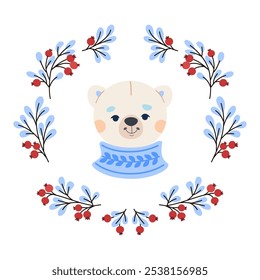 Polar plush white bear head in knitted sweater in round frame of winter fir branches with red berries. Cute vector children's illustration for New Year and Christmas card.