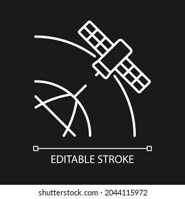 Polar Satellite white linear icon for dark theme. Artifial satelite investigating pole surface. Thin line customizable illustration. Isolated vector contour symbol for night mode. Editable stroke