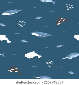 Polar sea animals seamless pattern. Cute Cartoon arctic animals, marine animals and fish, background. Vector Illustration.