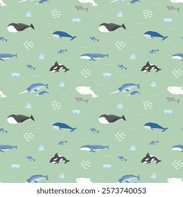 Polar sea animals seamless pattern. Cute Cartoon arctic animals, marine animals and fish, background. Vector Illustration.