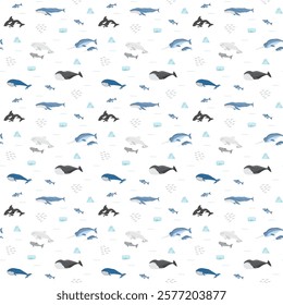 Polar sea animals seamless pattern. Cute Cartoon arctic animals, marine animals and fish, background. Vector Illustration.