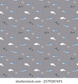 Polar sea animals seamless pattern. Cute Cartoon arctic animals, marine animals and fish, background. Vector Illustration.