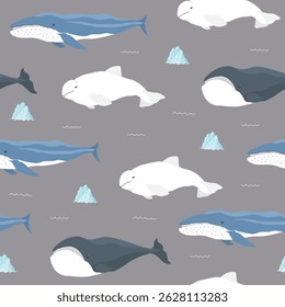Polar sea animals seamless pattern. Cute Cartoon arctic animals, marine animals and fish, background. Vector Illustration.