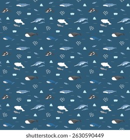 Polar sea animals seamless pattern. Cute Cartoon arctic animals, marine animals and fish, background. Vector Illustration.