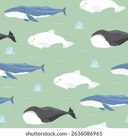 Polar sea animals seamless pattern. Cute Cartoon arctic animals, marine animals and fish, background. Vector Illustration.