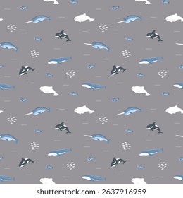 Polar sea animals seamless pattern. Cute Cartoon arctic animals, marine animals and fish, background. Vector Illustration.