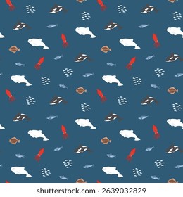 Polar sea animals seamless pattern. Cute Cartoon arctic animals, marine animals and fish, background. Vector Illustration.