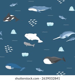 Polar sea animals seamless pattern. Cute Cartoon arctic animals, marine animals and fish, background. Vector Illustration.