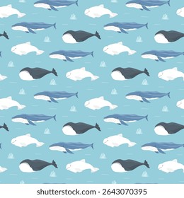 Polar sea animals seamless pattern. Cute Cartoon arctic animals, marine animals and fish, background. Vector Illustration.
