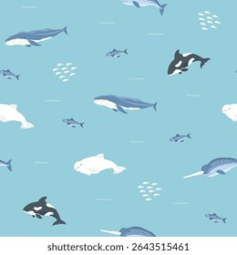 Polar sea animals seamless pattern. Cute Cartoon arctic animals, marine animals and fish, background. Vector Illustration.