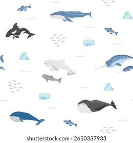 Polar sea animals seamless pattern. Cute Cartoon arctic animals, marine animals and fish, background. Vector Illustration.