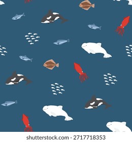 Patrón sin fisuras de animales marinos polares. Animales árticos lindos de la historieta, animales marinos y peces, fondo. Ilustración vectorial.