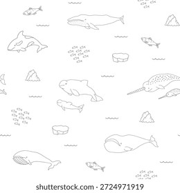 Polar sea animals seamless pattern. Cute Cartoon arctic animals, marine animals and fish, background. Vector Illustration.