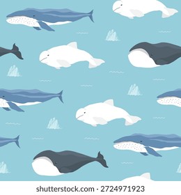 Polar sea animals seamless pattern. Cute Cartoon arctic animals, marine animals and fish, background. Vector Illustration.