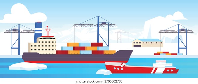 Polar shipyard flat color vector illustration. Industrial container yard at North Pole 2D cartoon landscape with glaciers on background. Arctic shipping center. Icebreaker docked at sea port