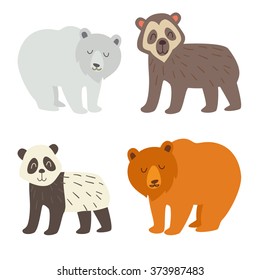 Polar, spectacled bear, panda and brown bear set. Flat cartoon vector illustration, isolate on white  background
