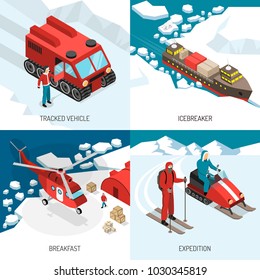 Polar station 4 isometric icons concept with tracked vehicle snowmobiles skier and icebreaker expedition isolated vector illustration 