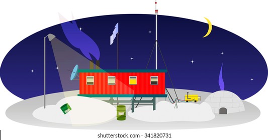 Polar station in Antarctica / Research Station at the South Pole on a dark night in the light of the stars and the moon