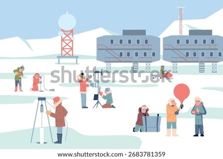 Polar station explorers. Remote shift workers at the north or south pole, a snowy landscape with technical buildings and researchers, recent vector scene