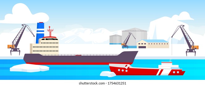 Polar station flat color vector illustration. Arctic port 2D cartoon landscape with glaciers on background. North pole resources mining facility. Industrial site with tankers, freight ships