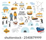 Polar station objects collection. Arctic or Antarctic expedition elements set Polar base and animals. Vector illustration.