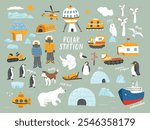 Polar station objects collection. Arctic or Antarctic expedition elements set Polar base and animals. Vector illustration.