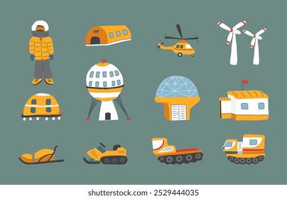 Polar station objects collection. Arctic or Antarctic expedition elements set. Vector illustration.