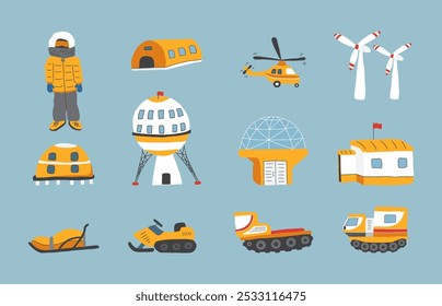 Polar station objects collection. Arctic or Antarctic expedition elements set. Vector illustration.