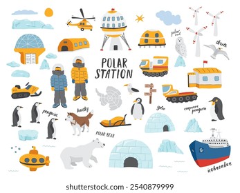 Colección de objetos de la estación polar. Los Elementos de la expedición ártica o antártica establecen la base polar y los animales. Ilustración vectorial.