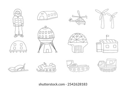 Polar station objects collection. Arctic or Antarctic expedition elements set. Vector illustration.